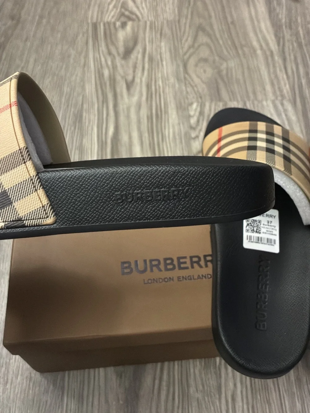 Burberry Tan Vintage Check Slide Sandals with Black Footbed